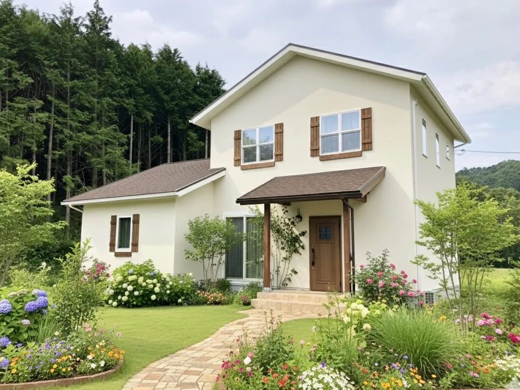 飾り雨戸がお似合いの真っ白いお家