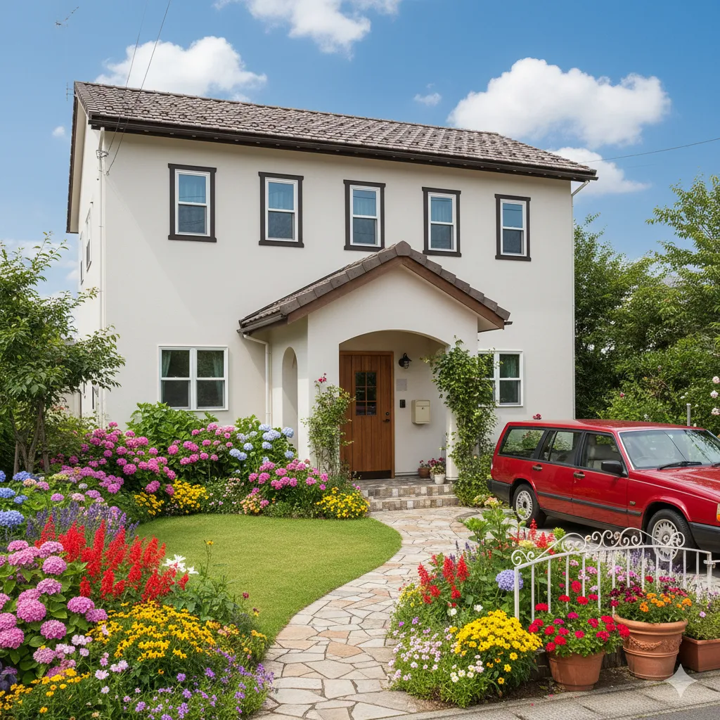 スライスストーンを敷き詰めたアーチポーチが可愛いお家