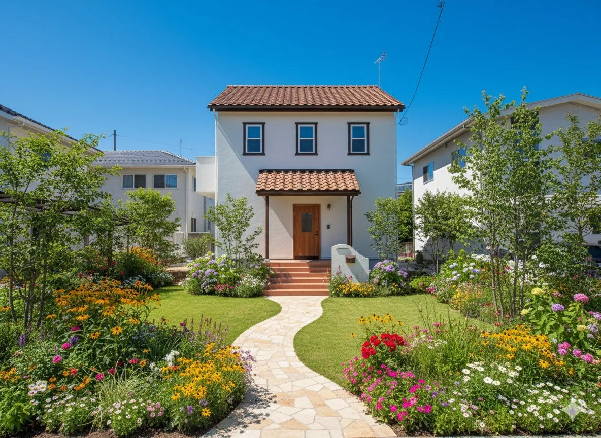 赤系の屋根瓦がかわいいママンのお家